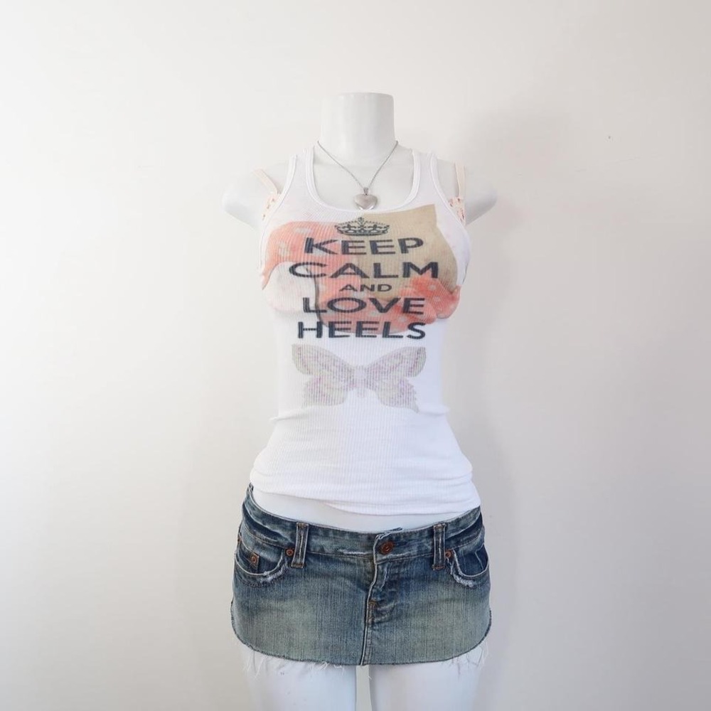 y2k keep calm love heels graphic ribbed tank top racerback cami - Picture 3 of 4